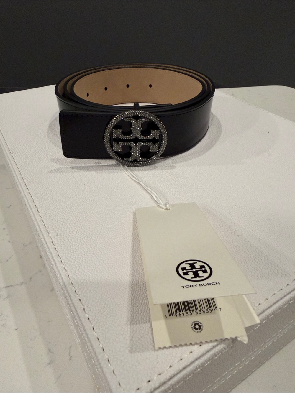 Tory Burch Black Leather Belt with Crystal Logo Buckle